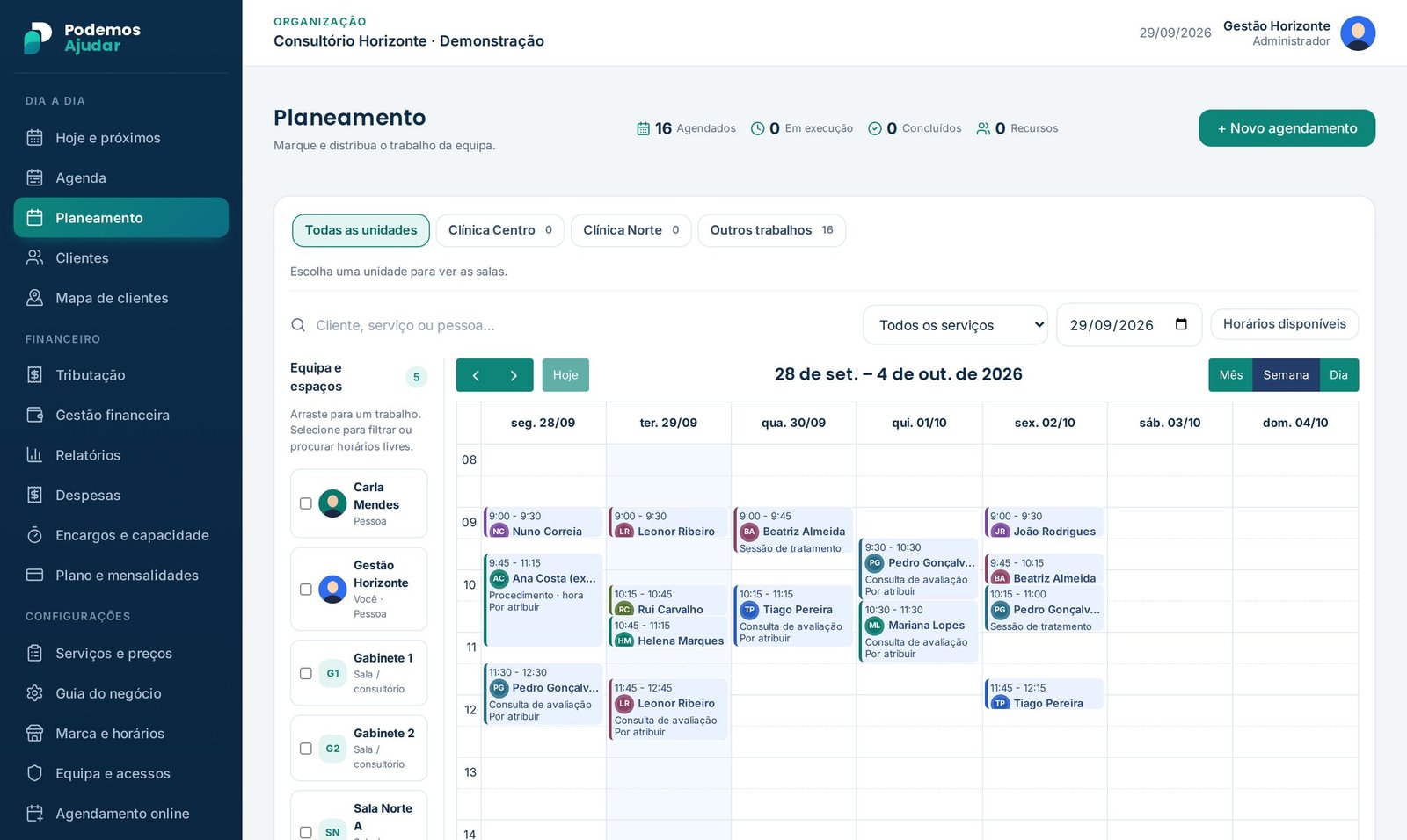 Planejamento da semana com a equipe, as salas e os atendimentos de cada dia